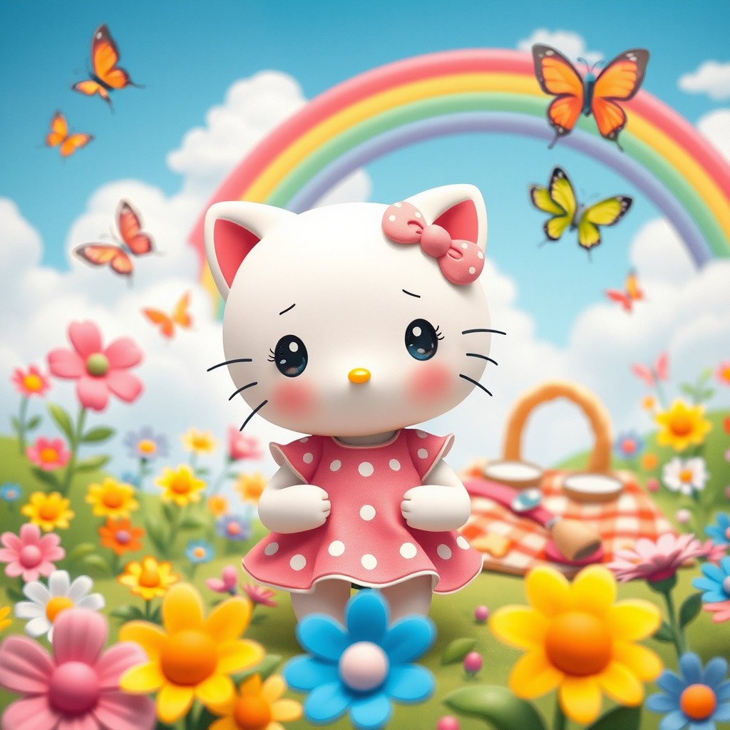 A whimsical scene featuring a cute, anthropomorphic character resembling Hello Kitty, set in a vibrant world filled with colorful flowers and butterflies