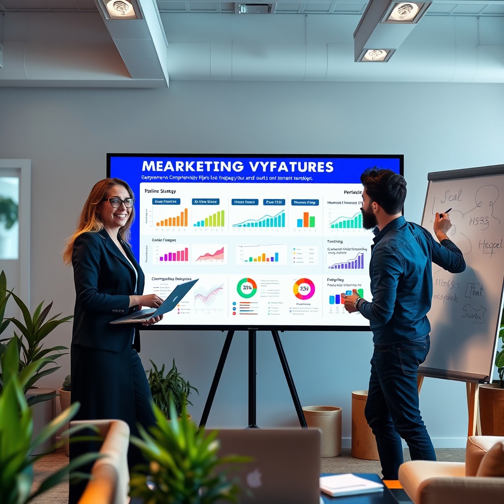A vibrant and dynamic marketing team in an office setting, presenting a comprehensive pipeline strategy on a large digital screen