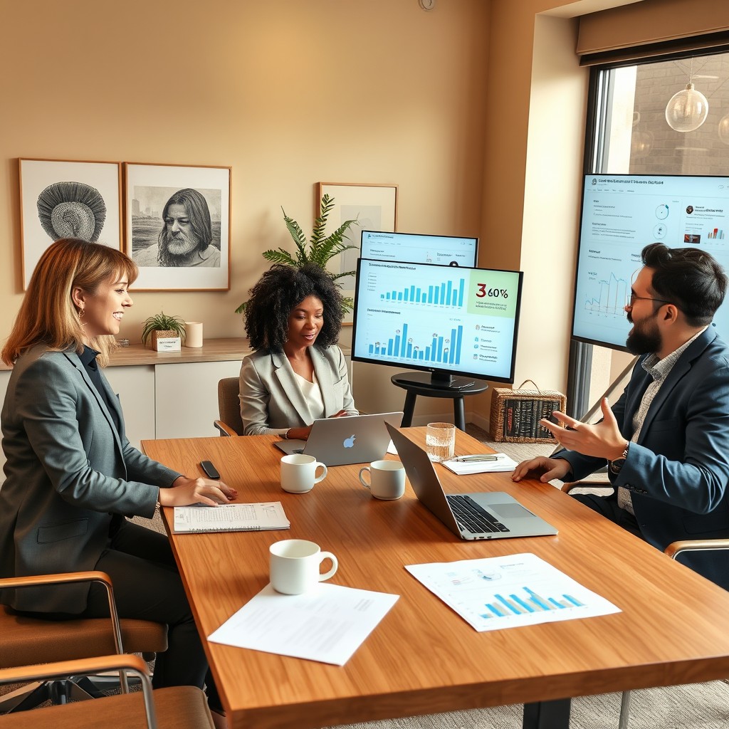 A marketing team engaged in a lively discussion in a stylish beige office