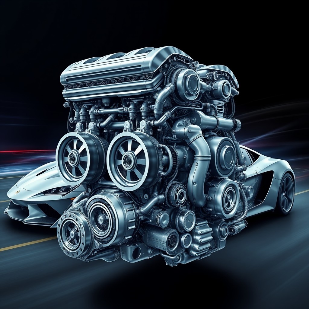 An intricate and detailed illustration of an 18-cylinder engine, featuring three interconnected blocks, showcasing complex mechanical components