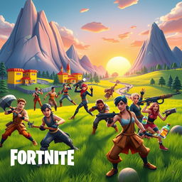 A vibrant, action-packed scene inspired by Fortnite, featuring a colorful, cartoonish landscape with big, exaggerated mountains, bright buildings, and lush green fields