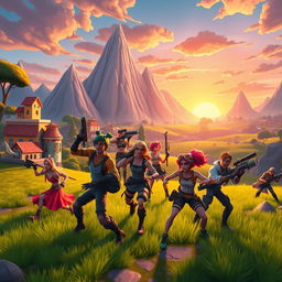 A vibrant, action-packed scene inspired by Fortnite, featuring a colorful, cartoonish landscape with big, exaggerated mountains, bright buildings, and lush green fields