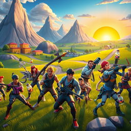 A vibrant, action-packed scene inspired by Fortnite, featuring a colorful, cartoonish landscape with big, exaggerated mountains, bright buildings, and lush green fields