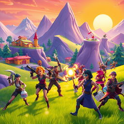 A vibrant, action-packed scene inspired by Fortnite, featuring a colorful, cartoonish landscape with big, exaggerated mountains, bright buildings, and lush green fields