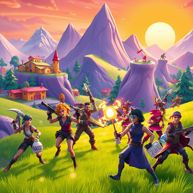 A vibrant, action-packed scene inspired by Fortnite, featuring a colorful, cartoonish landscape with big, exaggerated mountains, bright buildings, and lush green fields