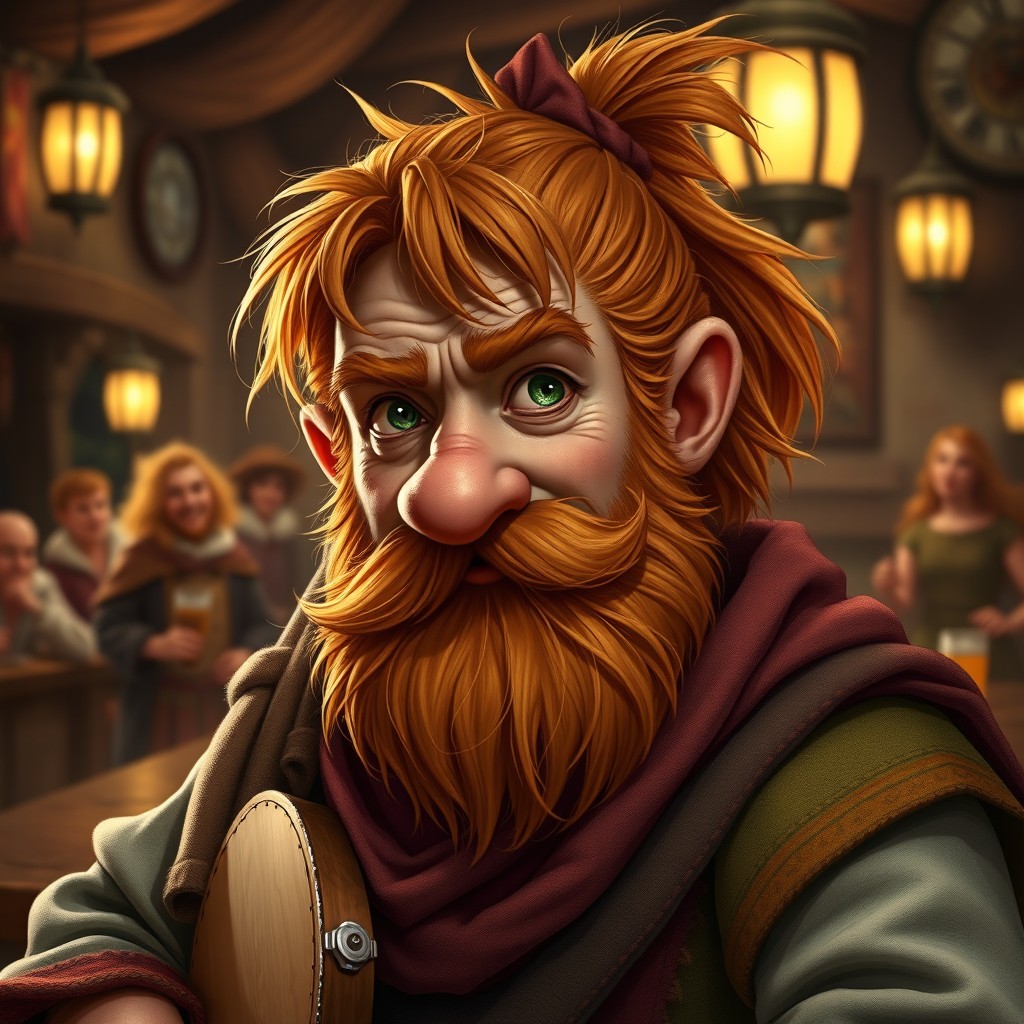 A medium-height Dwarf Bard with olive skin and messy, ginger, greasy hair tied up in a ponytail