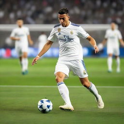 Bakhodir Jalolov playing football for Real Madrid FC, on a crowded stadium, wearing the traditional white kit and performing a skillful move.