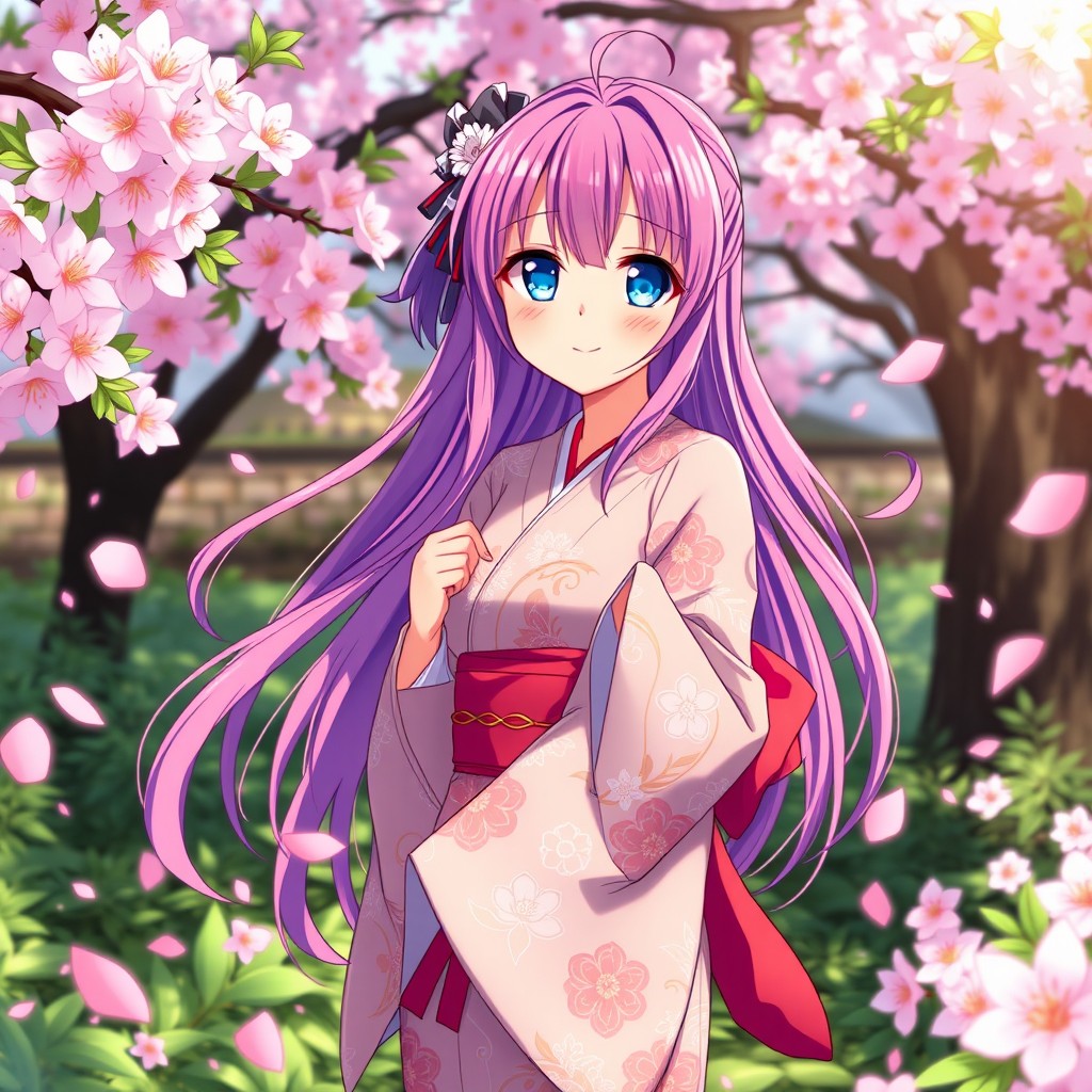 A vibrant anime girl standing in a beautiful cherry blossom garden, wearing a traditional kimono with intricate floral patterns