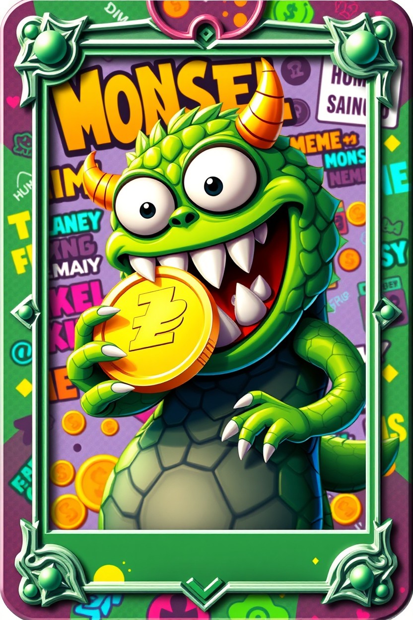 A 3D NFT trading card featuring a whimsical monster with big, sharp teeth enthusiastically eating a shiny gold coin