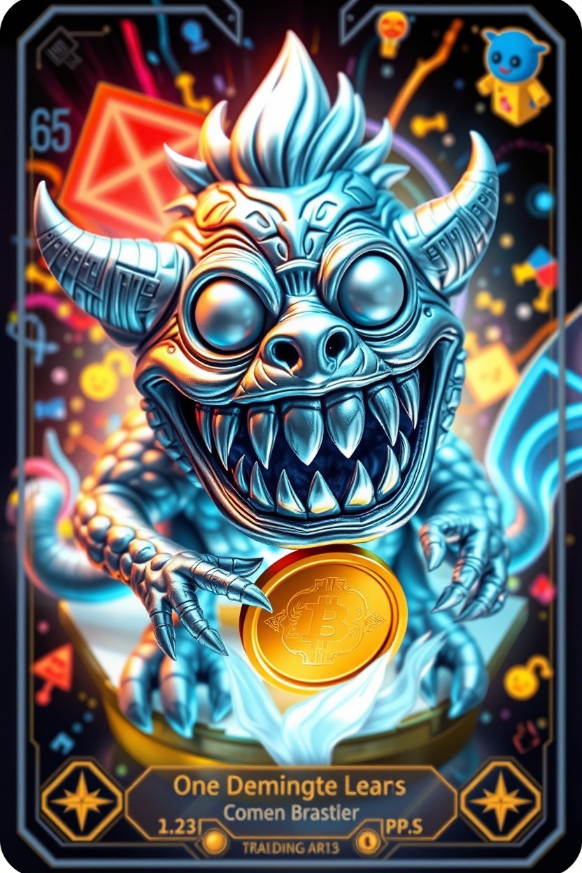 A 3D NFT trading card featuring a futuristic, metallic hologram monster with big, sharp teeth gleefully eating a shiny gold coin