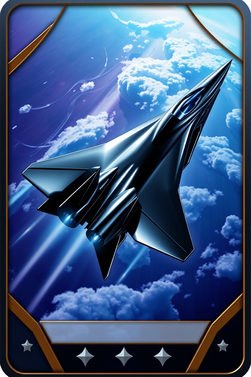 A 3D trading card featuring a realistic, high-quality black metallic jet fighter soaring through a dynamic sky