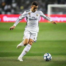 Bakhodir Jalolov playing football for Real Madrid FC, on a crowded stadium, wearing the traditional white kit and performing a skillful move.