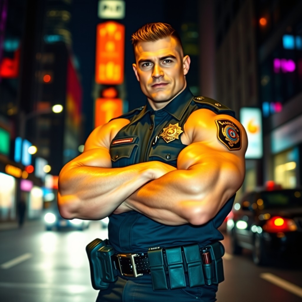 A powerful and confident muscle-bound cop standing on a city street at night, wearing a police uniform that accentuates his muscular build