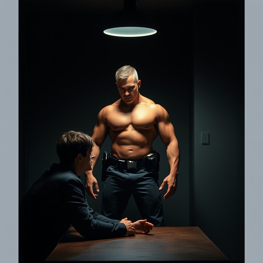 A dramatic interrogation scene featuring a strong, muscular police officer in a dimly lit room