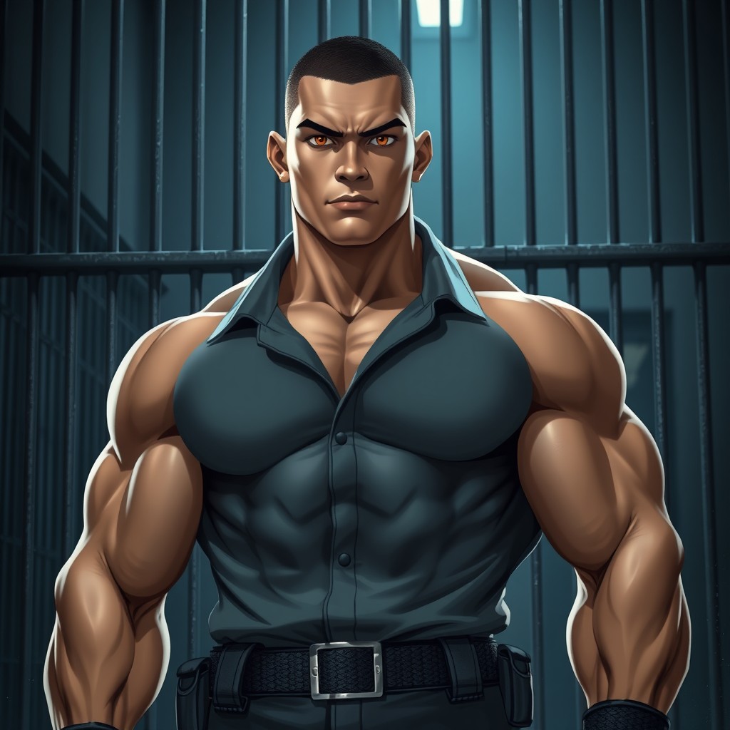 An imposing prison guard, depicted as a muscular and strong yang man, stands confidently in a prison setting