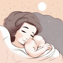 A heartwarming cartoon drawing of a peaceful baby sleeping snugly, with her caring mother beside her, singing a gentle lullaby. Their figures are captured in a soft, nurturing light that highlights the warmth of the scene.