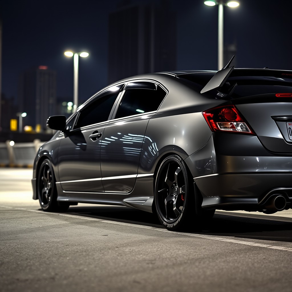 A modified 2007 Honda Civic, completely tinted windows, featuring black rims with white lettering on the tires