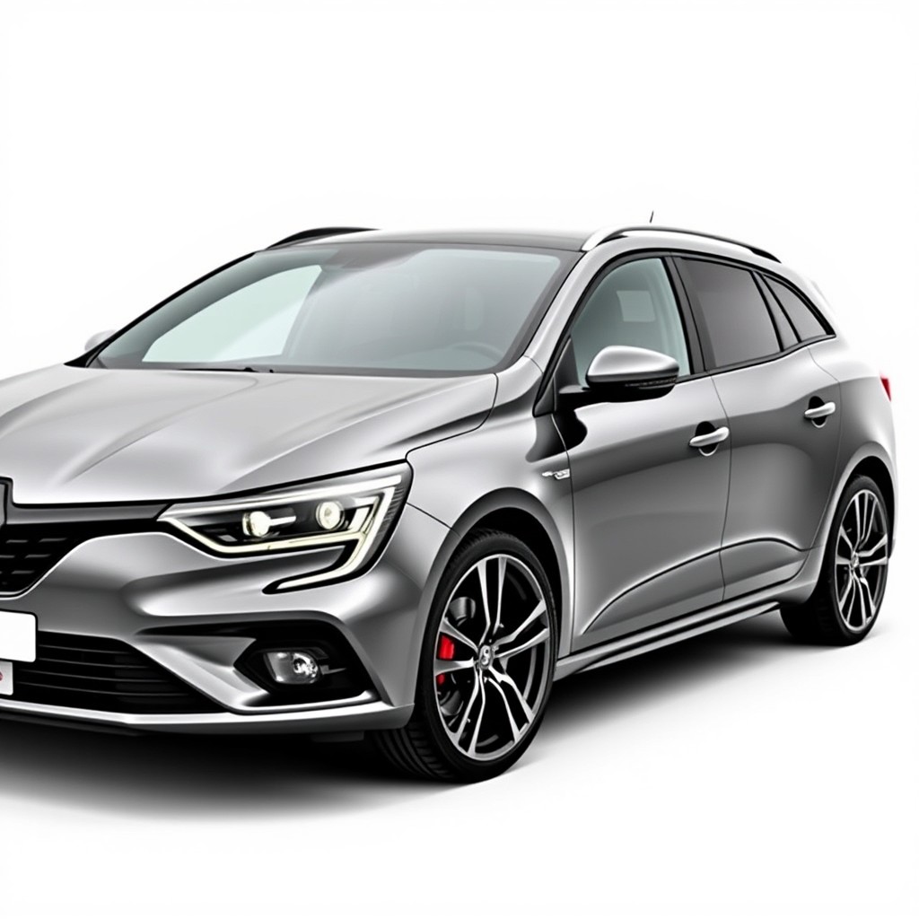 Full side view of a Renault Megane 4 facelift wagon in a sleek gray color, showcasing its modern design and features