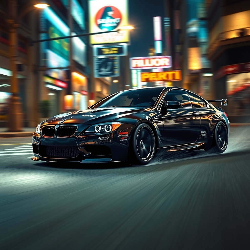 A sleek and stylish BMW car featured in a dramatic street racing scene reminiscent of the game Need for Speed: Most Wanted