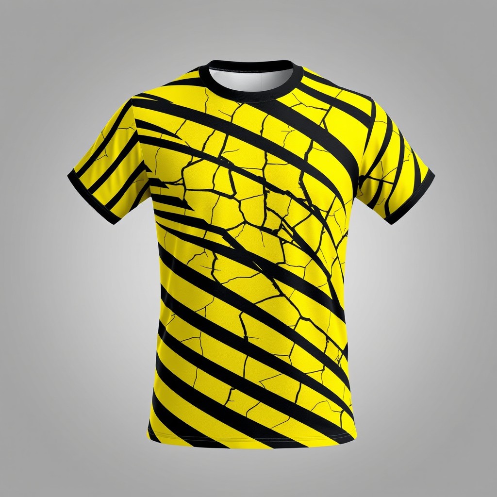 A black and yellow striped t-shirt featuring a bold diagonal crack design, showcasing dynamic patterns of cracks that create an eye-catching contrast between the black and yellow colors