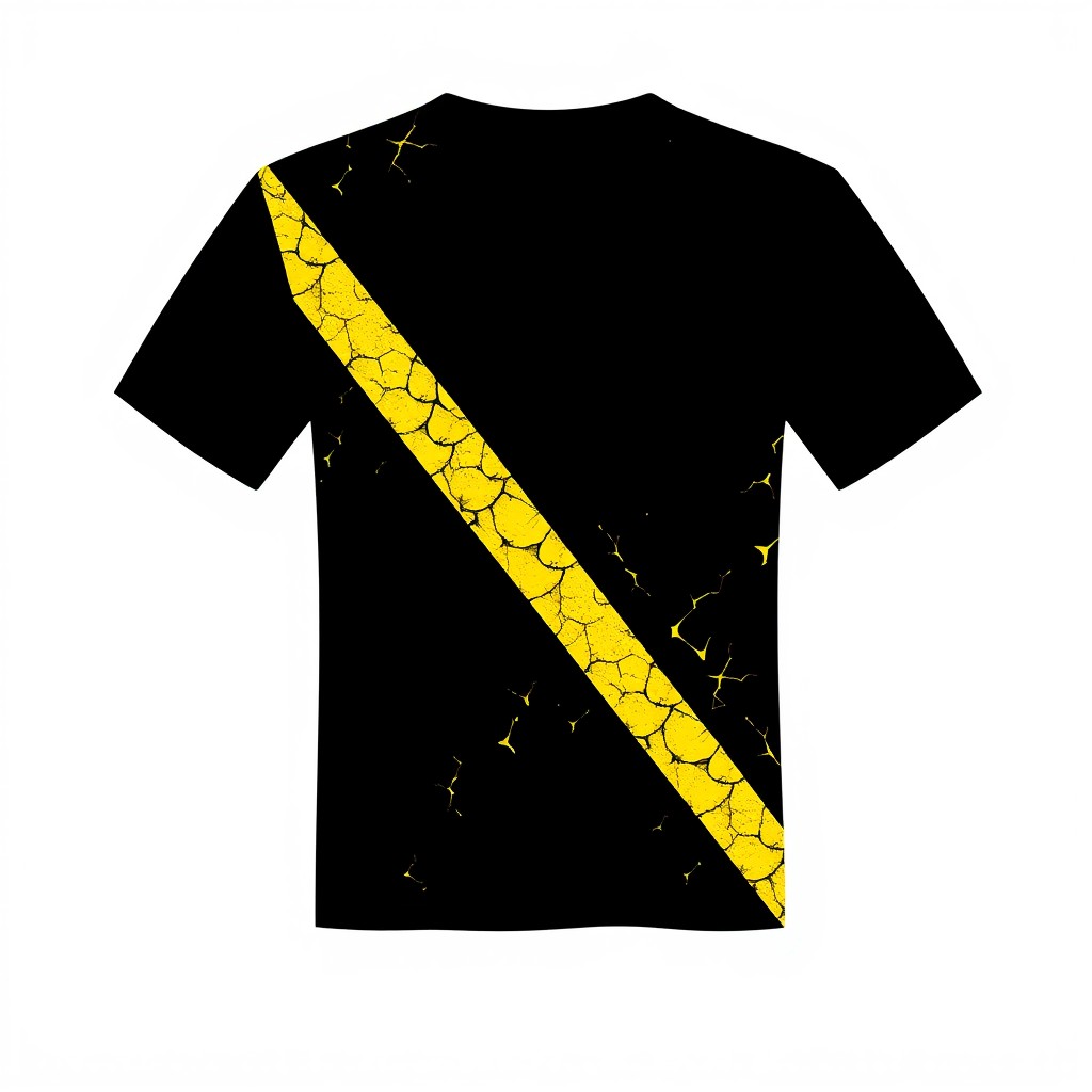 A black and yellow t-shirt featuring a unique diagonal design where the center of the shirt is solid black, and the surrounding areas are adorned with small diagonal cracks in black and yellow