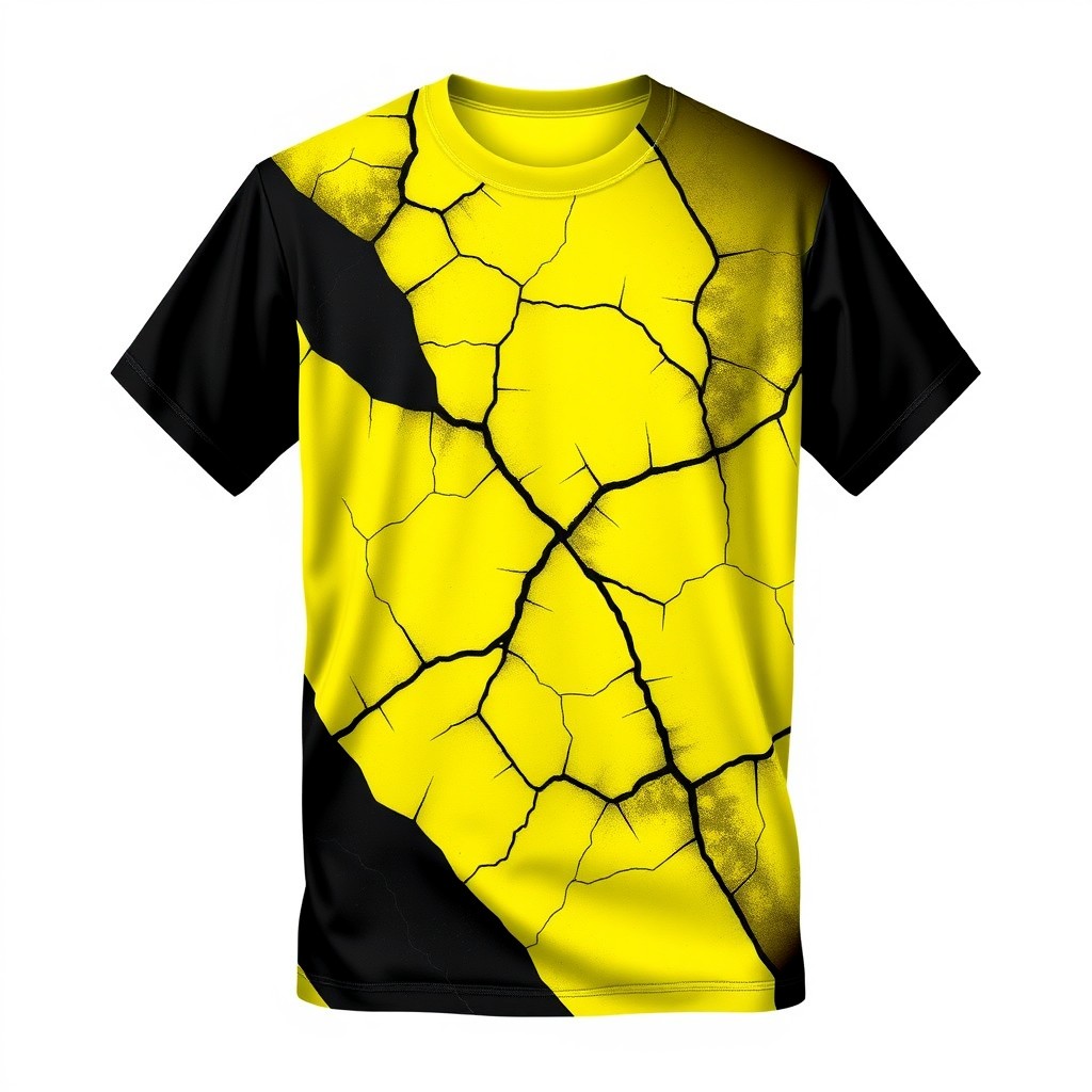 A striking black and yellow t-shirt designed in a prism style, featuring diagonal cracks that create an abstract geometric pattern