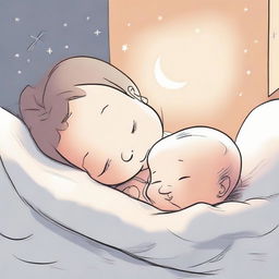 A heartwarming cartoon drawing of a peaceful baby sleeping snugly, with her caring mother beside her, singing a gentle lullaby. Their figures are captured in a soft, nurturing light that highlights the warmth of the scene.