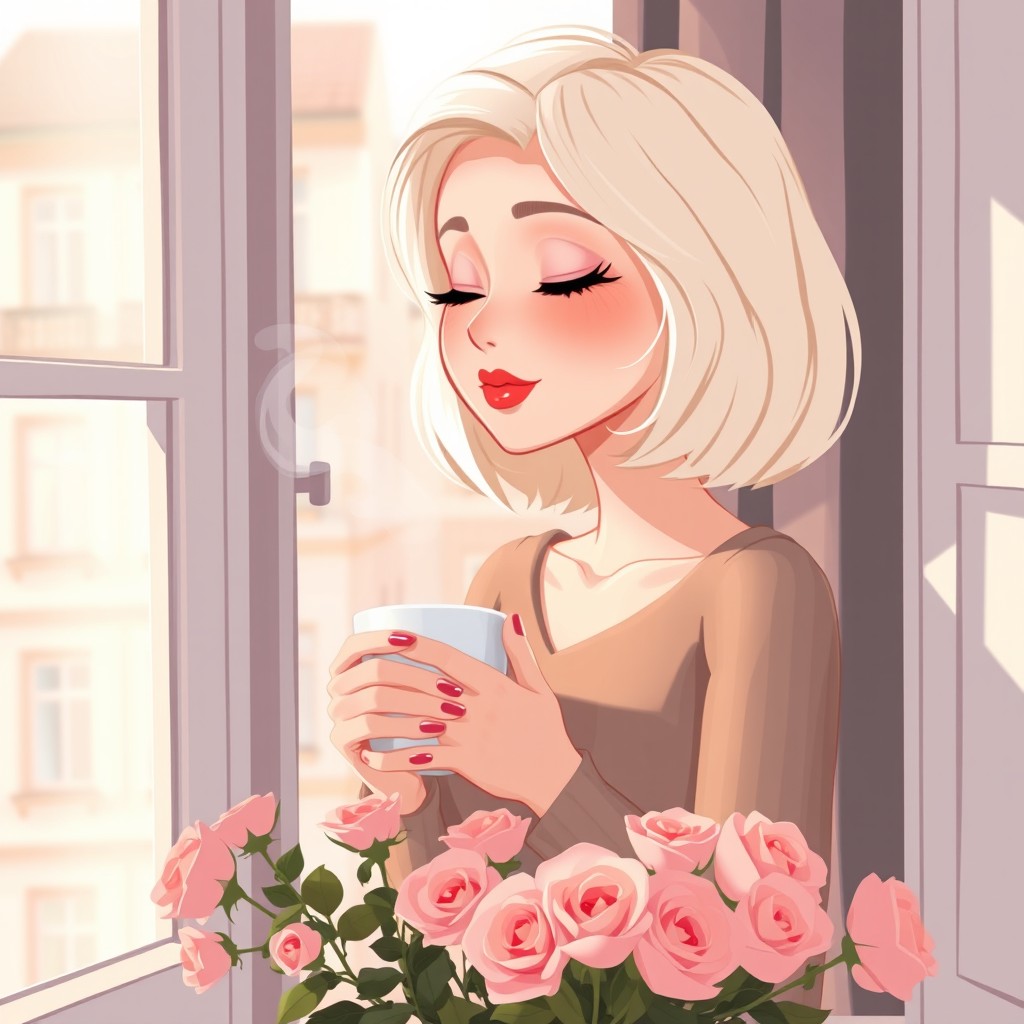 A young Nordic woman with soft creamy skin and full red lips, featuring flawless eye makeup