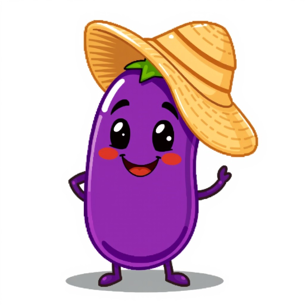 A mascot eggplant with little arms and legs, wearing a farmer straw hat