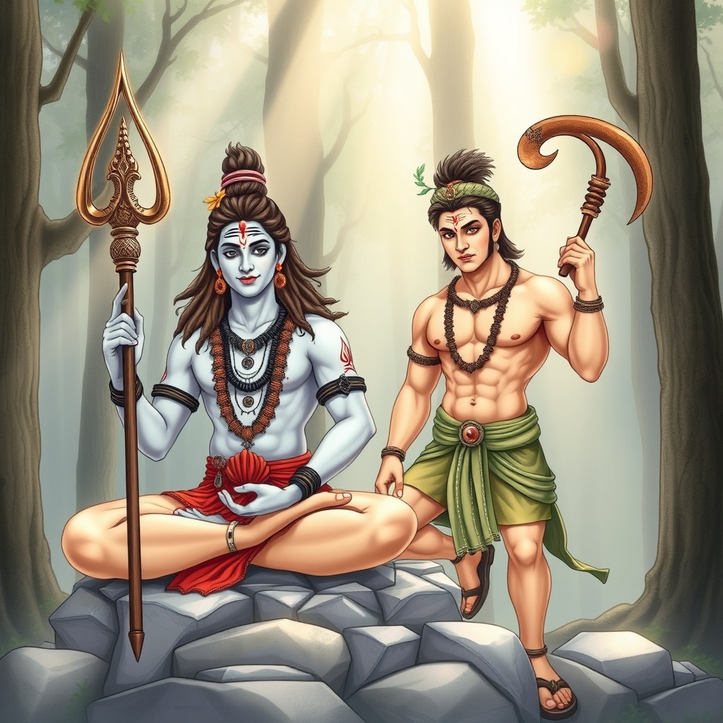 A detailed illustration featuring the Hindu deities Shiva and Hanuman