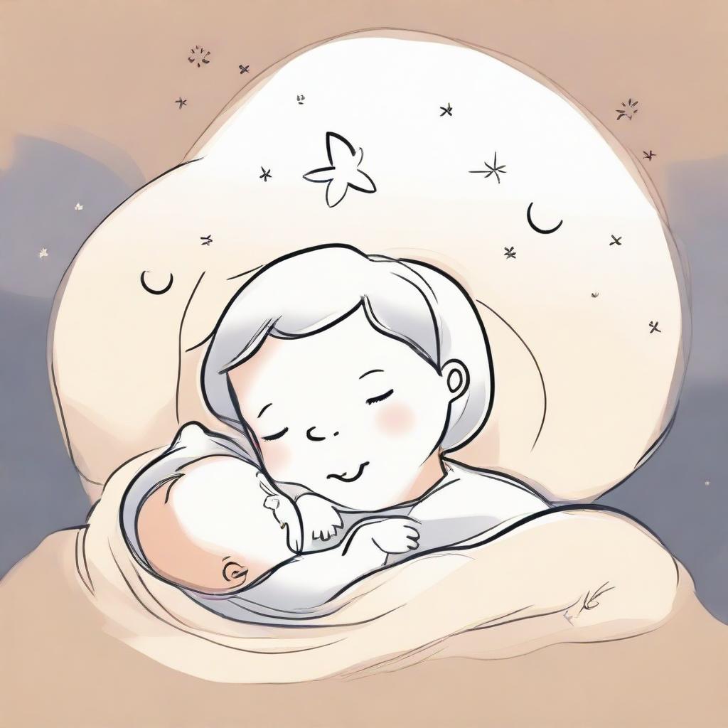 A heartwarming cartoon drawing of a peaceful baby sleeping snugly, with her caring mother beside her, singing a gentle lullaby. Their figures are captured in a soft, nurturing light that highlights the warmth of the scene.