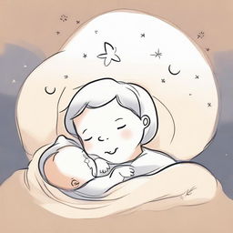 A heartwarming cartoon drawing of a peaceful baby sleeping snugly, with her caring mother beside her, singing a gentle lullaby. Their figures are captured in a soft, nurturing light that highlights the warmth of the scene.