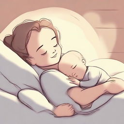 A heartwarming cartoon drawing of a peaceful baby sleeping snugly, with her caring mother beside her, singing a gentle lullaby. Their figures are captured in a soft, nurturing light that highlights the warmth of the scene.