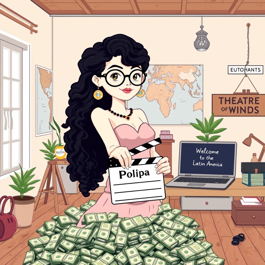 A pixel art style illustration featuring a white woman with long, curly black hair and round glasses