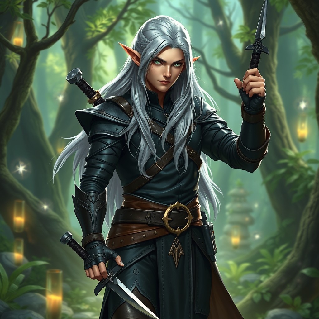 A male elf rogue standing confidently in a mystical forest