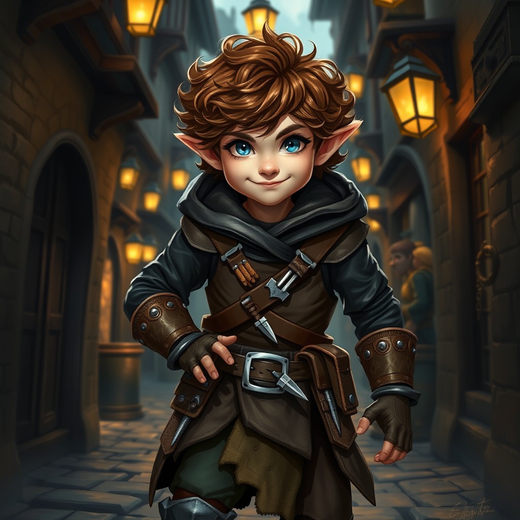 A male halfling rogue, with curly brown hair and a playful smirk, stands in a shadowy alleyway of a bustling medieval town