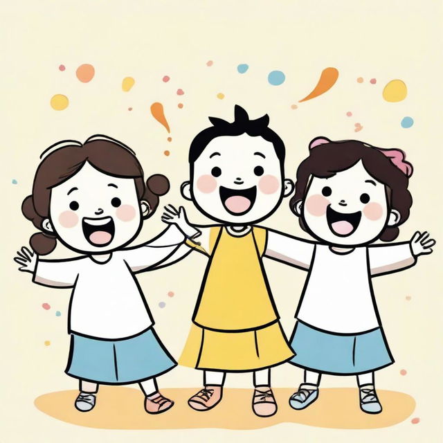 A lively and joyful cartoon drawing of three children singing in unison. They are energetically clapping their hands, their mouths wide open in song. Their joy and enthusiasm is infectious.