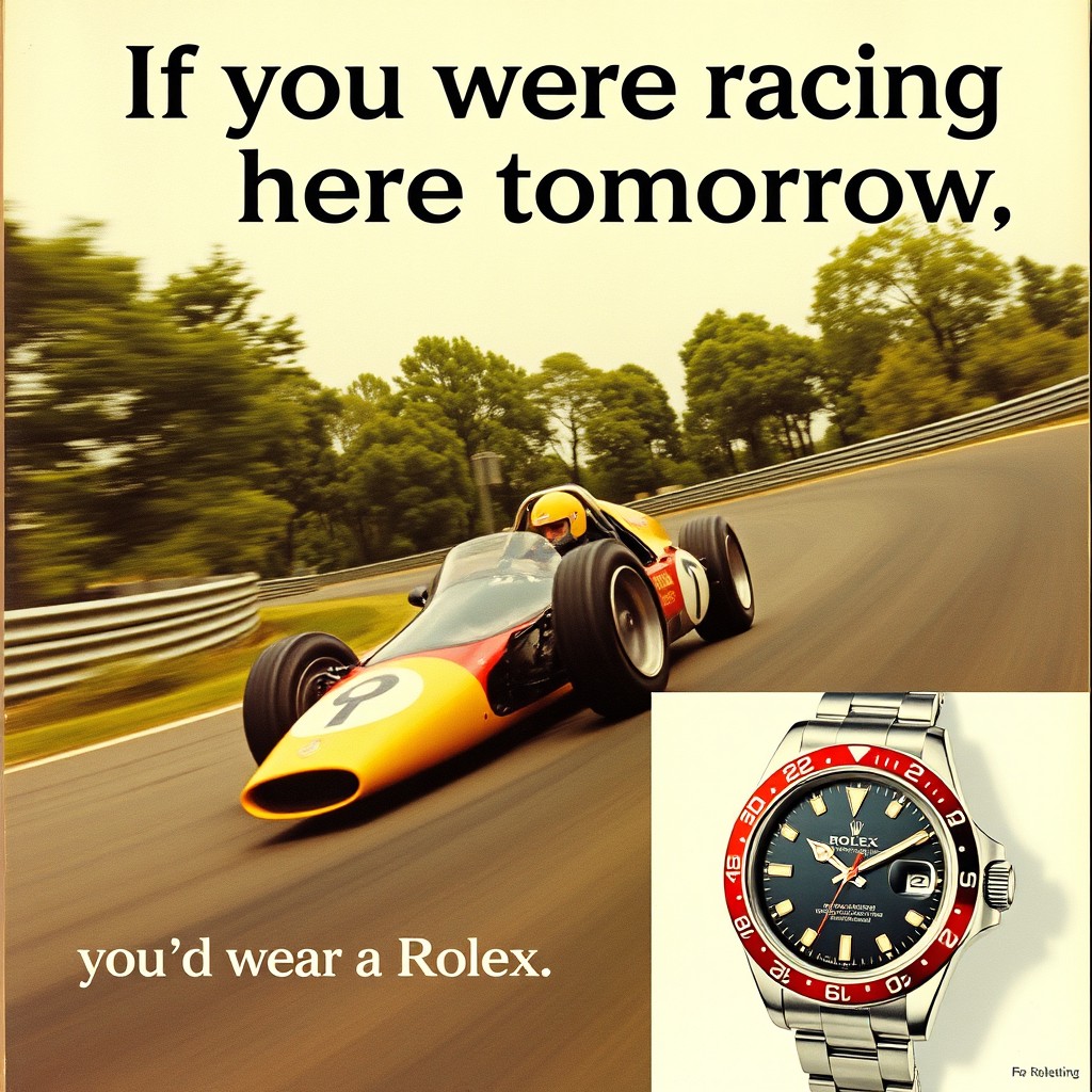 A vintage Rolex advertisement poster showcasing a Lotus 49 Grand Prix car mid-corner at high speed on a scenic tree-lined circuit