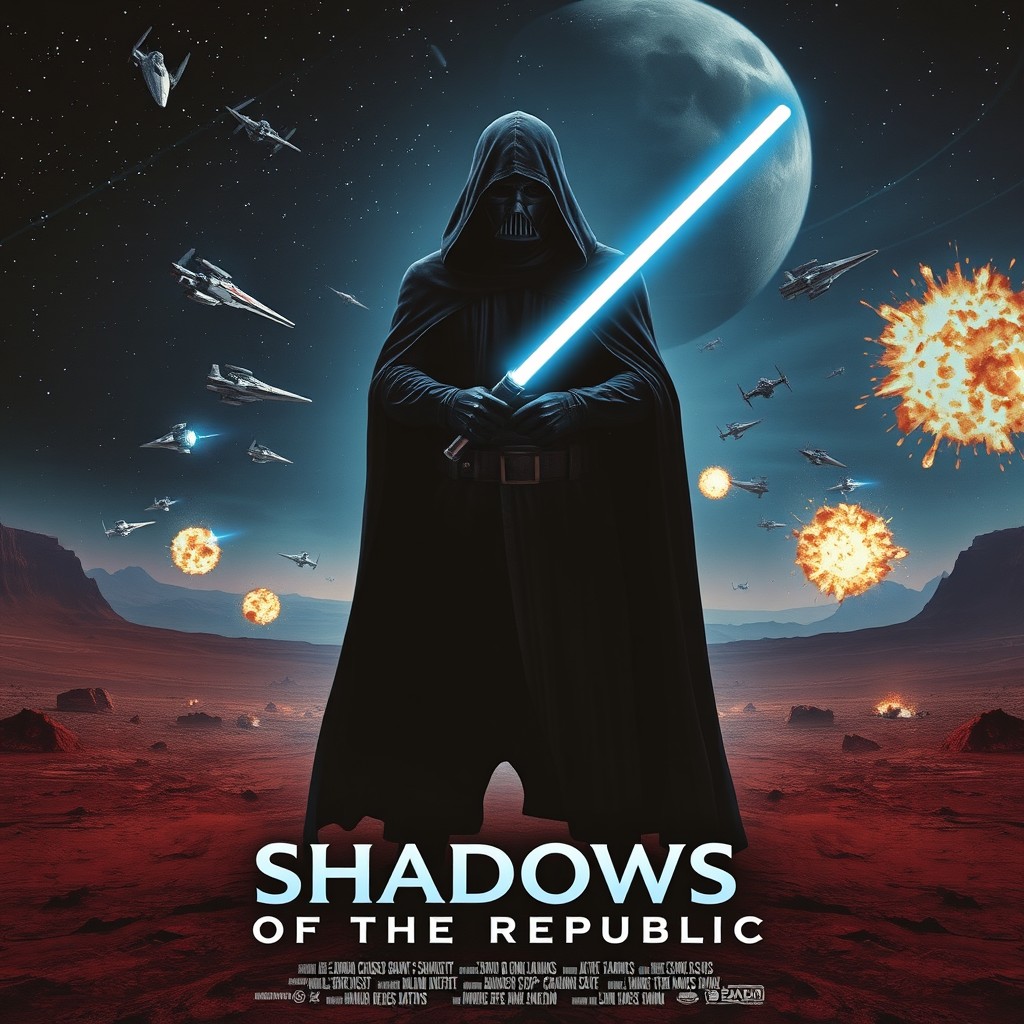 A dramatic movie poster for a fictional Star Wars film titled "SHADOWS OF THE REPUBLIC"