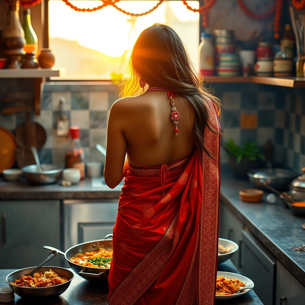 A hot Indian woman in a stunning backless saree, elegantly showcasing her back while cooking delicious Indian food in a beautifully decorated kitchen