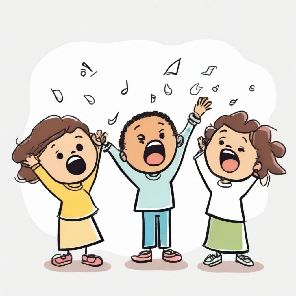 A lively and joyful cartoon drawing of three children singing in unison. They are energetically clapping their hands, their mouths wide open in song. Their joy and enthusiasm is infectious.