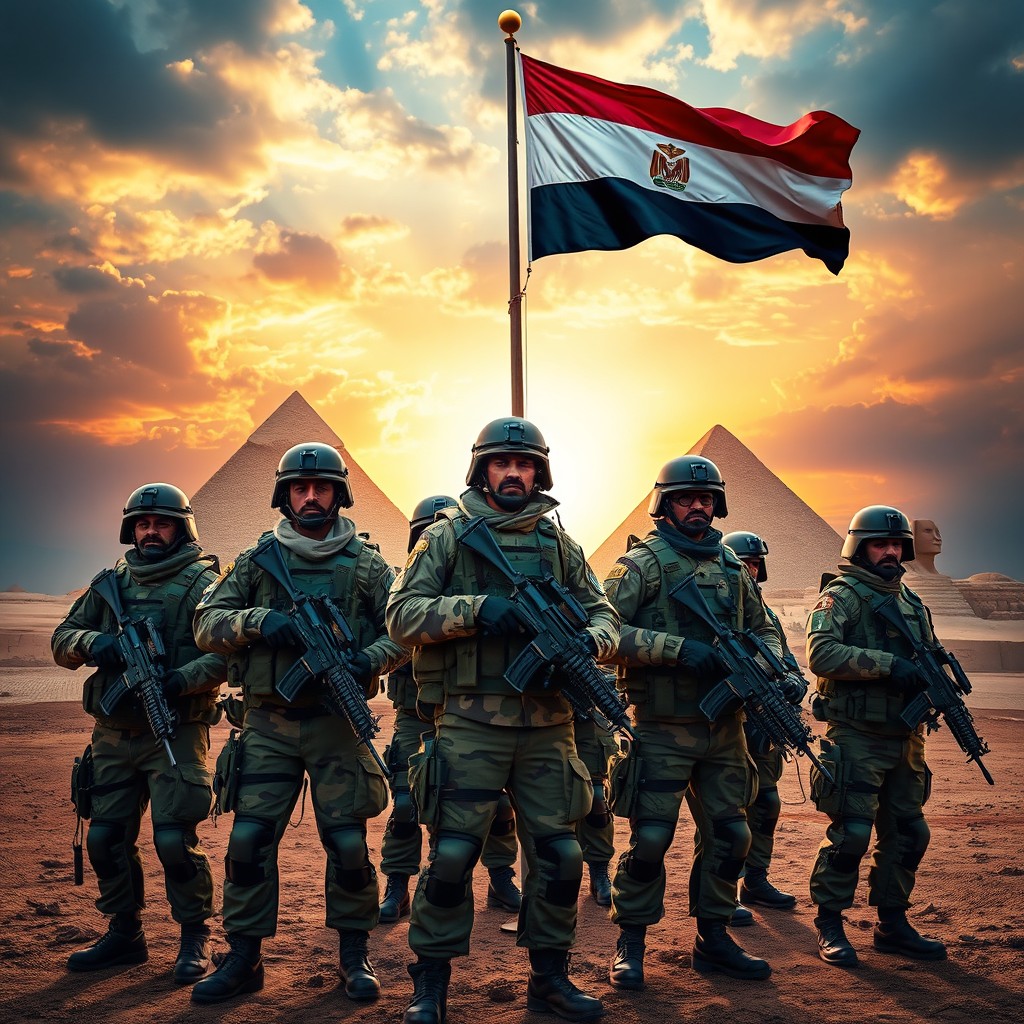A powerful scene depicting the Egyptian Army in action, showcasing soldiers in modern military uniforms with camouflage patterns, standing proudly under the flag of Egypt