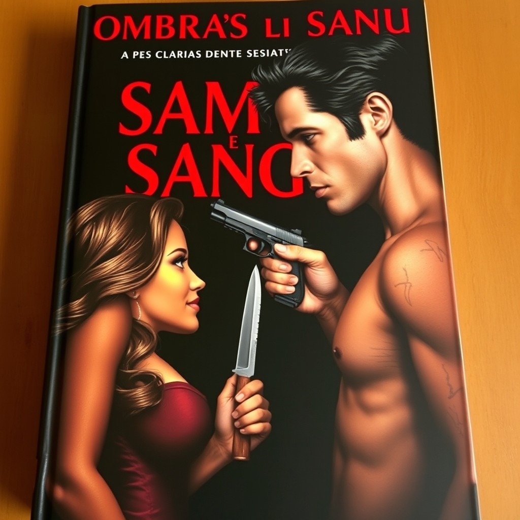 The book cover titled 'Sombras e Sangue' features the title in blood-red color with a shadowy black background behind the letters