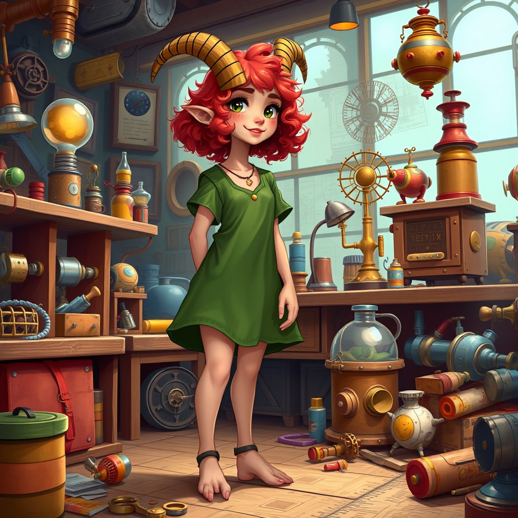 A teenage satyr girl with short curly red hair and freckles, wearing a green tunic