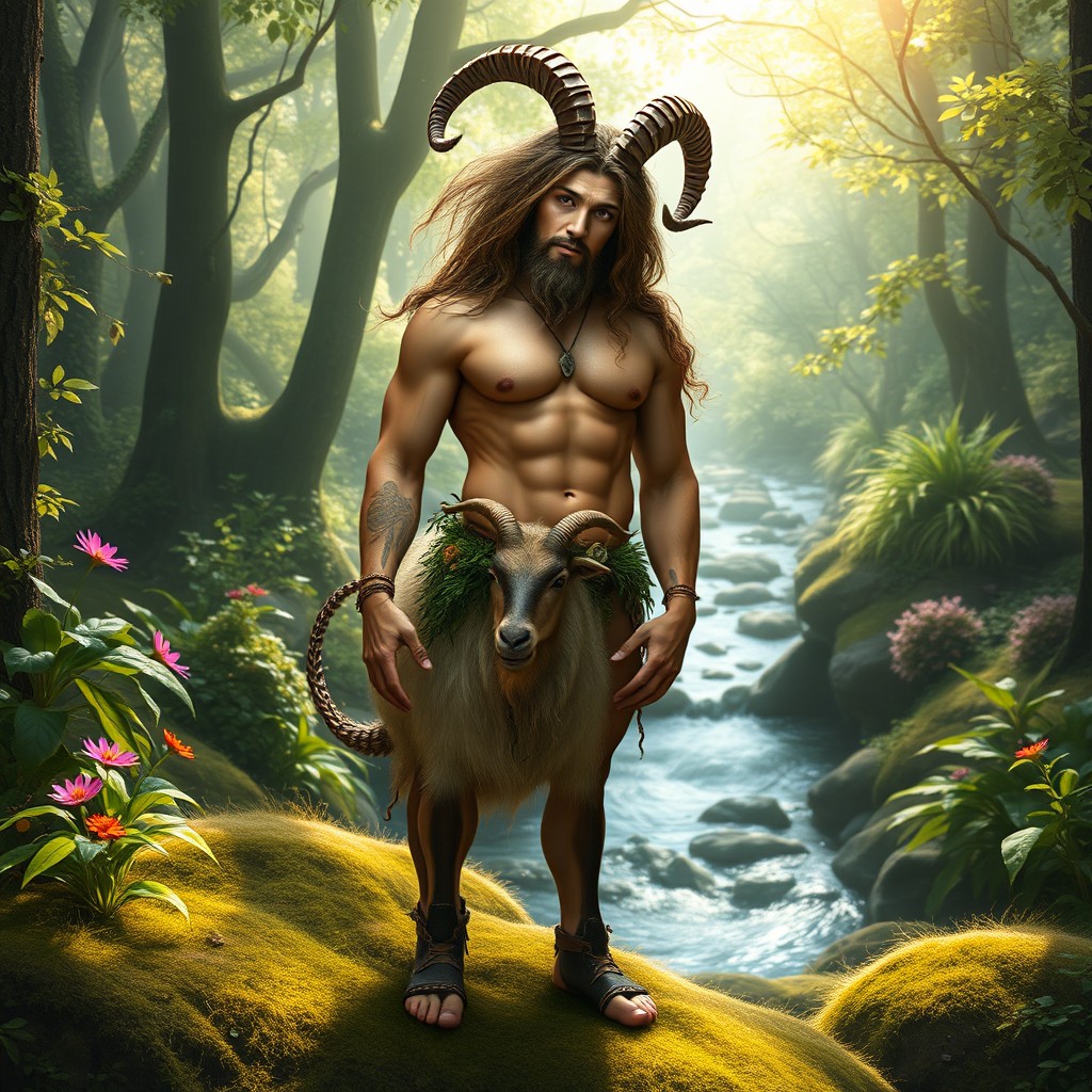 A mystical and alluring satyr, with the upper body of a handsome man and the lower body of a goat, standing in a lush enchanted forest, surrounded by vibrant flora and dappled sunlight filtering through the trees
