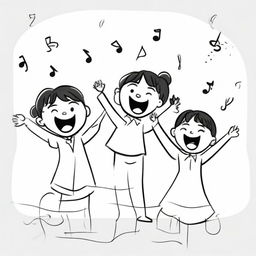 A lively and joyful cartoon drawing of three children singing in unison. They are energetically clapping their hands, their mouths wide open in song. Their joy and enthusiasm is infectious.