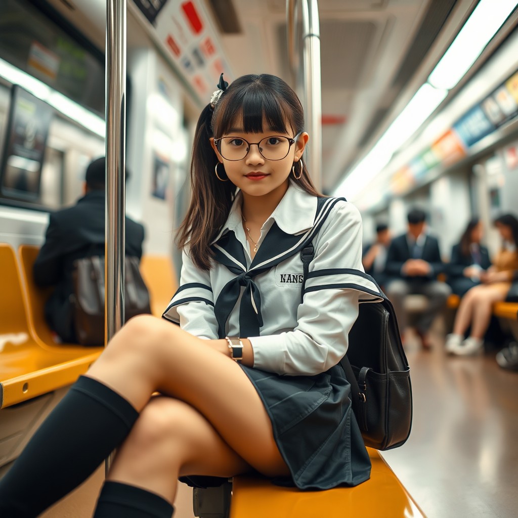 A girl in a stylish school uniform sitting with her legs crossed on the subway