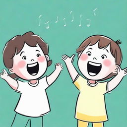 A lively and joyful cartoon drawing of three children singing in unison. They are energetically clapping their hands, their mouths wide open in song. Their joy and enthusiasm is infectious.