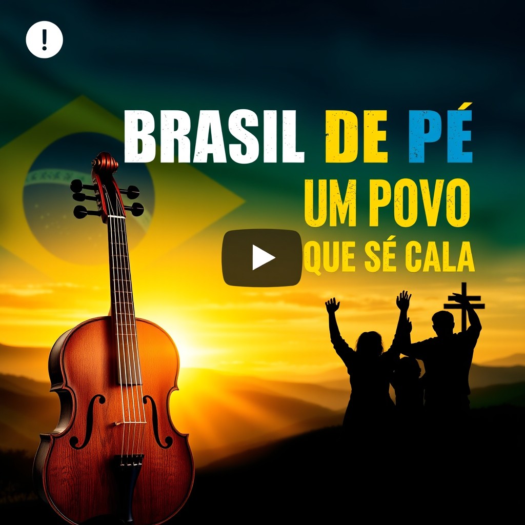 A YouTube thumbnail with a patriotic Brazilian theme, featuring a sunset over green hills in the background