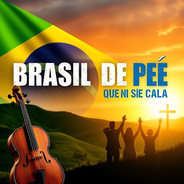 A YouTube thumbnail with a patriotic Brazilian theme, featuring a sunset over green hills in the background